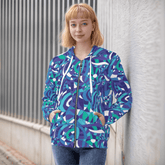stylish blue, teal, and purple zip-up hoodie with a bold retro Kume abstract print. The unisex hoodie features a comfortable fit and kangaroo pockets. Geometric Vibrant - Blissfully Brand